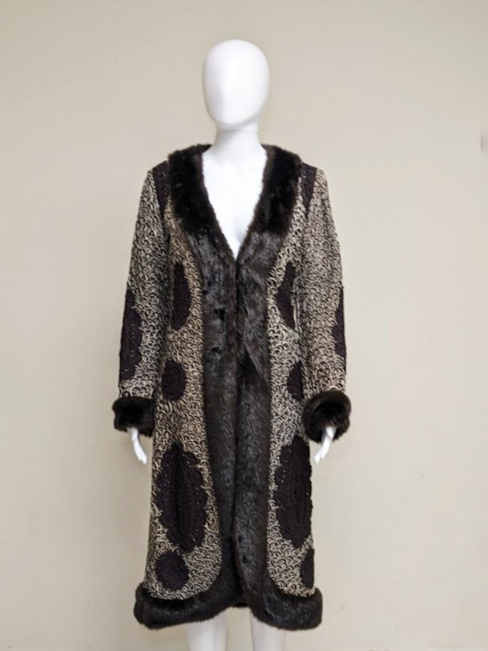SUE WONG NOCTURNE Vintage Faux Fur Crochet & Lace Coat/Duster 1920s Style - Picture 2 of 8